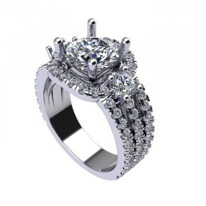 Three Stone Round Cut Three Shank Halo Engagement Ring 4.05Ctw