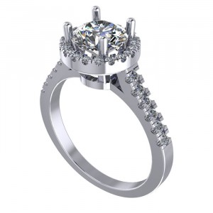 Round Halo Engagement Ring with Halfway Side Stones 1.30Ctw