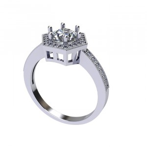 Hexagon Halo Round Cut Engagement Ring with Pillars 1.30Ctw