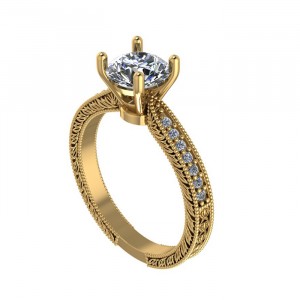 Hand Engraved Side Stone Engagement Ring 1.40Ctw