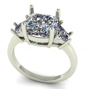 Three Stone Cushion and Trapezoid Engagement Ring 4.95Ctw