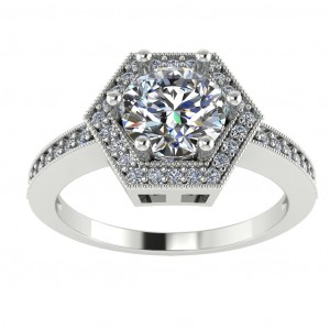 Hexagon Halo Round Cut Engagement Ring with Pillars 1.30Ctw