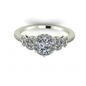 Three Stone Halo Round Cut Engagement Ring with Side Gallery 0.80Ctw