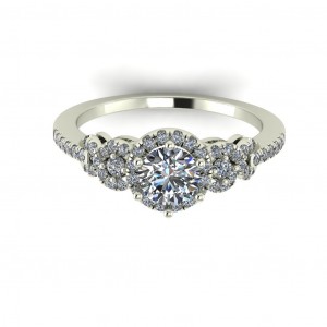 Three Stone Halo Engagement Ring with Side Gallery 0.80Ctw