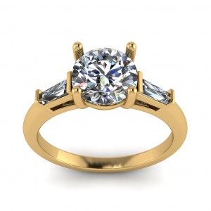 Three Stone 4 Prong Round and Taper Baguette Engagement Ring 2Ctw