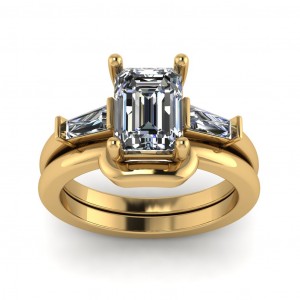 Three Stone Emerald and Taper Baguette Diamond Bridal Set 1.70Ctw