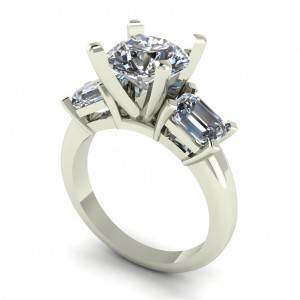 Three Stone Round and Emerald Engagement Ring 2.85Ctw