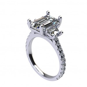 Three Stone Emerald and Trapezoid Flush Engagement Ring