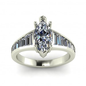 Marquise and Baguette Channel Taper Side Stone Engagement Ring 2.10Ctw