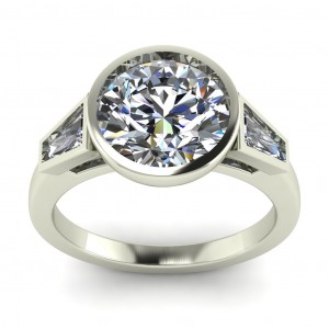 Three Stone Round and Taper Baguette Bezel Engagement Ring 2.80Ctw
