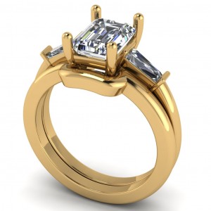 Three Stone Emerald and Taper Baguette Diamond Bridal Set 1.70Ctw