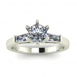 Three Stone 6 Prong Round and Taper Baguette Engagement Ring 0.90Ctw