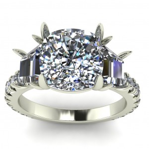 Three Stone Cushion and Trapezoid Engagement Ring 5.60Ctw