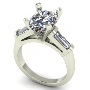 Three Stone Oval and Taper Baguette Tall Basket Head Engagement Ring 3Ctw