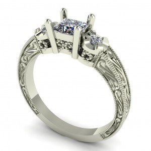 Three Stone Princess and Round Engraving Milgrain Engagement Ring 0.70Ctw