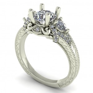 Three Stone Round and Pear Engagement Ring with Milgrain 1.95Ctw