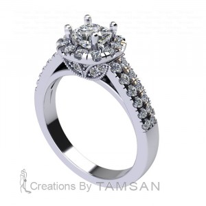 Cushion Halo Engagement Ring with Milgrain Leaf 1.35Ctw
