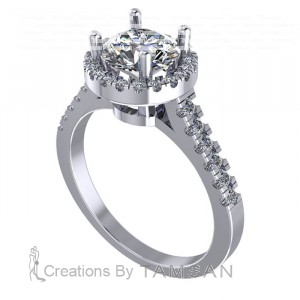 Round Halo Engagement Ring with Halfway Side Stones 1.30Ctw