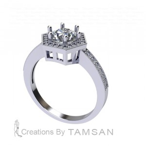 Hexagon Halo Round Cut Engagement Ring with Pillars 1.30Ctw