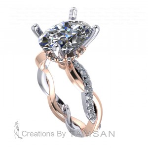 Two Tone Twisted Oval Side Stone Engagement Ring 2.10Ctw