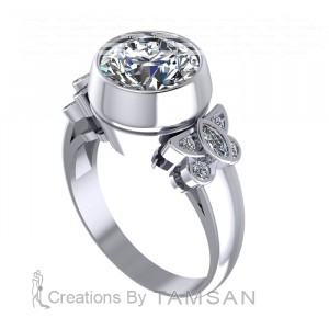 Bezel Butterfly Side Stone Engagement Ring 3.20Ctw