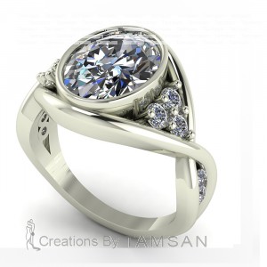 Oval Bezel Twist Side Stone Engagement Ring 3.55Ctw