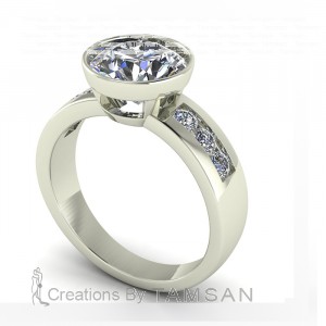 Round Bezel Wide Shank Side Stone Engagement Ring 3.50Ctw