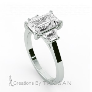 Three Stone Emerald and Trapezoid Engagement Ring 2.80Ctw
