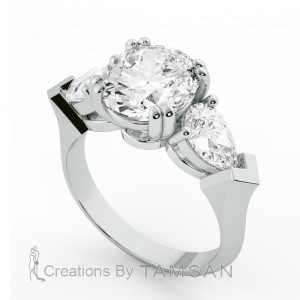 Three Stone Oval and Pear Engagement Ring 3.45Ctw