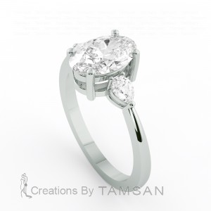 Three Stone Oval and Pear Engagement Ring 1.15Ctw