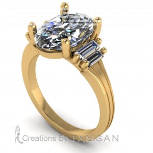 Three Stone Oval and Baguettes Engagement Ring