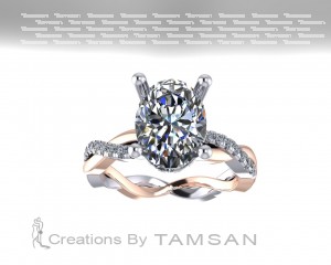 Two Tone Twisted Oval Side Stone Engagement Ring 2.10Ctw