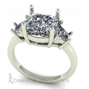 Three Stone Cushion and Trapezoid Engagement Ring 4.95Ctw