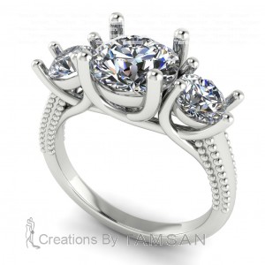 Three Stone Round Cut Engagement Ring with Beads 2.25Ctw