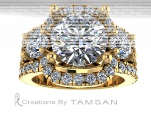 Three Stone Round Cut Three Shank Halo Engagement Ring 4.05Ctw