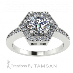 Hexagon Halo Round Cut Engagement Ring with Pillars 1.30Ctw