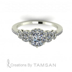 Three Stone Halo Engagement Ring with Side Gallery 0.80Ctw