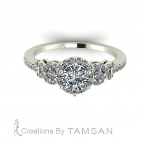Three Stone Halo Round Cut Engagement Ring with Side Gallery 0.80Ctw