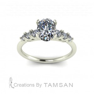 Low Head Oval Side Stone Engagement Ring 1.25Ctw