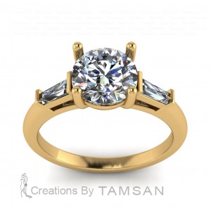 Three Stone 4 Prong Round and Taper Baguette Engagement Ring 2Ctw