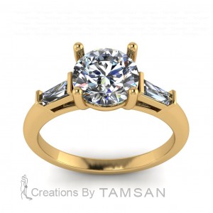 Three Stone Round and Taper Baguette Engagement Ring 2Ctw