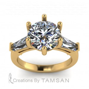 Three Stone 6 Prong Round and Taper Baguette Engagement Ring 2.90Ctw