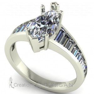 Marquise and Baguette Channel Taper Side Stone Engagement Ring 2.10Ctw