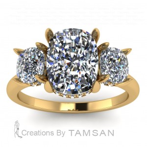 Three Stone Cushion Hidden Halos Engagement Ring 6Ctw