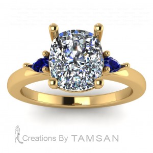 Three Stone Cushion and Pear Engagement Ring 2.85Ctw