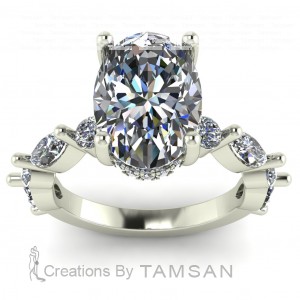 Oval Center with Round and Marquise Side Stones Hidden Halo Engagement Ring 4.10Ctw