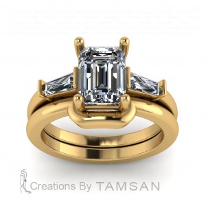 Three Stone Emerald and Taper Baguette Diamond Bridal Set 1.70Ctw