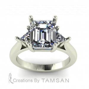 Three Stone Emerald and Triangle Engagement Ring 3.50Ctw