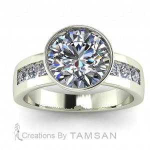 Round Bezel Wide Shank Side Stone Engagement Ring 3.50Ctw