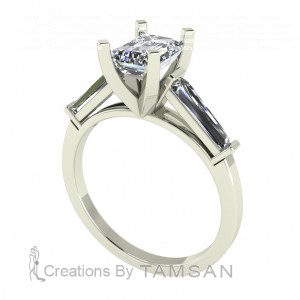 Three Stone Emerald and Taper Baguette Engagement Ring 1.90Ctw